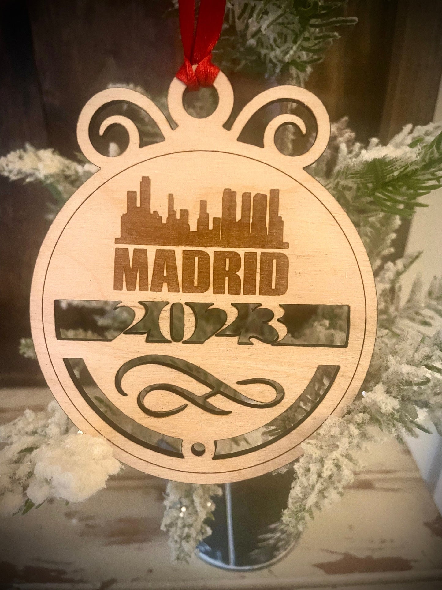 Madrid Skyline Wood Ornament | Choice of Year | 4" x 4.75" | Travel Souvenir Gift