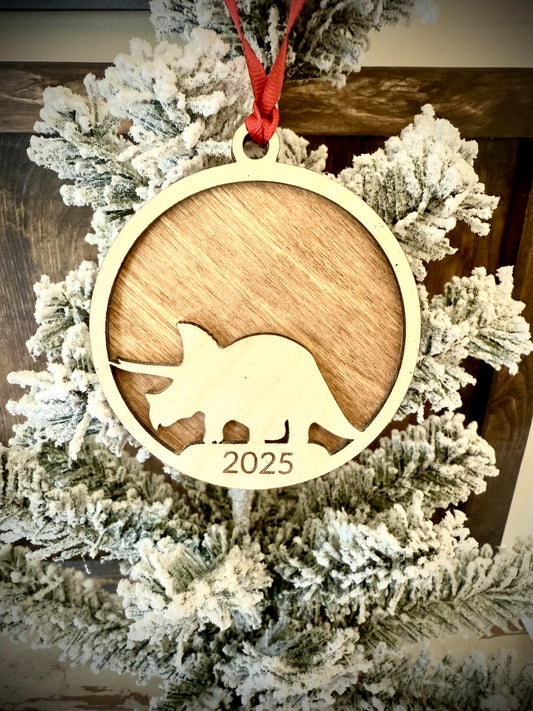 Triceratops Dinosaur Personalized 2-Layer Wood Christmas Ornament & Gift Tag | Multiple Finishes | Dinosaur Gift