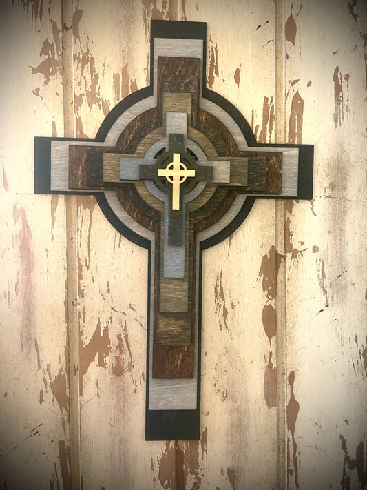 Stacked Round Celtic Cross 3D Wood Table & Wall Art | Multi-Color | Christian Gift