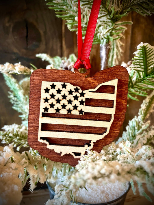Ohio US Flag Wood Ornament & Gift Tag | 12 Finishes | Patriotic Gift