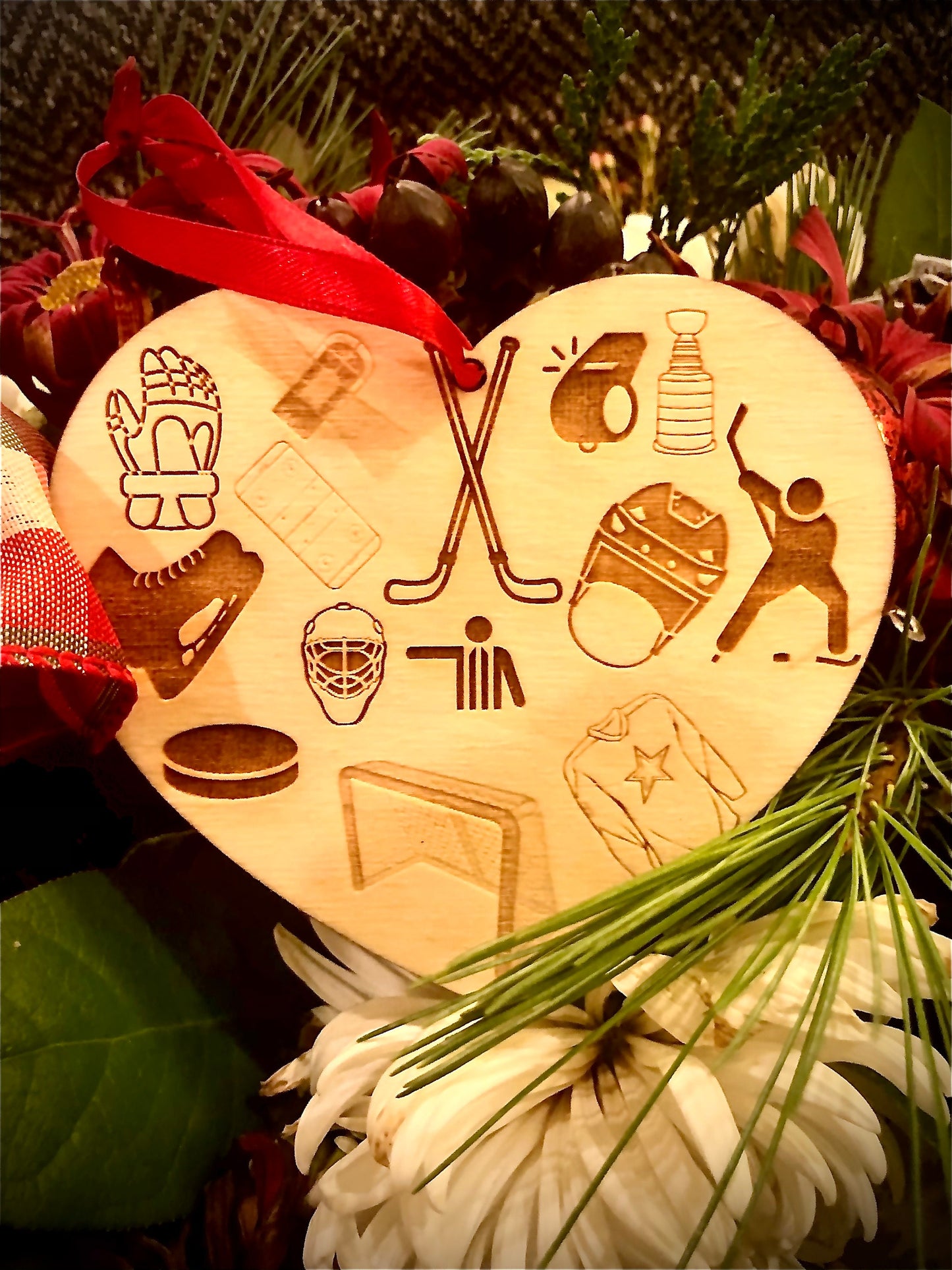 Hockey Valentine Heart Wood Ornament | 14 Hockey Engravings | Valentine's Gift