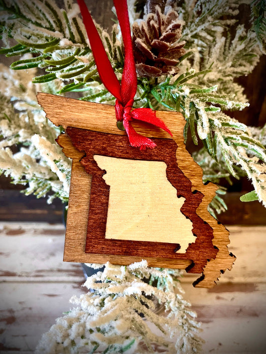 Missouri 3-Layer Stacked Wood Ornament & Gift Tag | Brown & Gray Tones | State Pride Gift