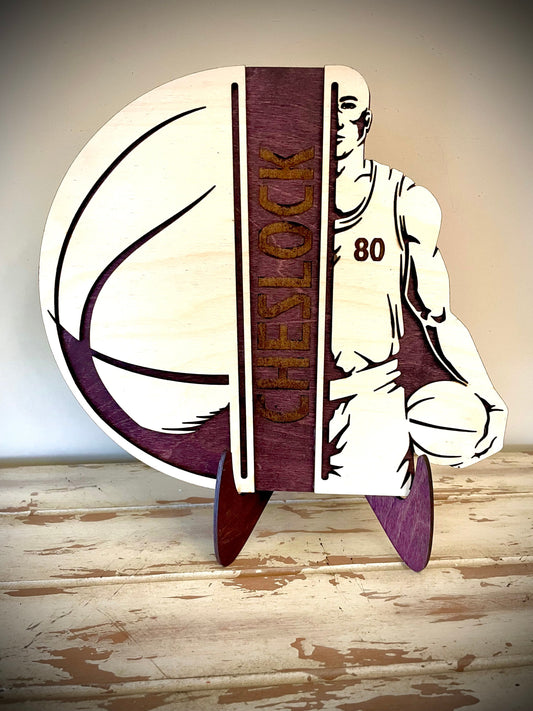 Custom Basketball Wood Plaque | Player Name & Number Engraved | Split Design