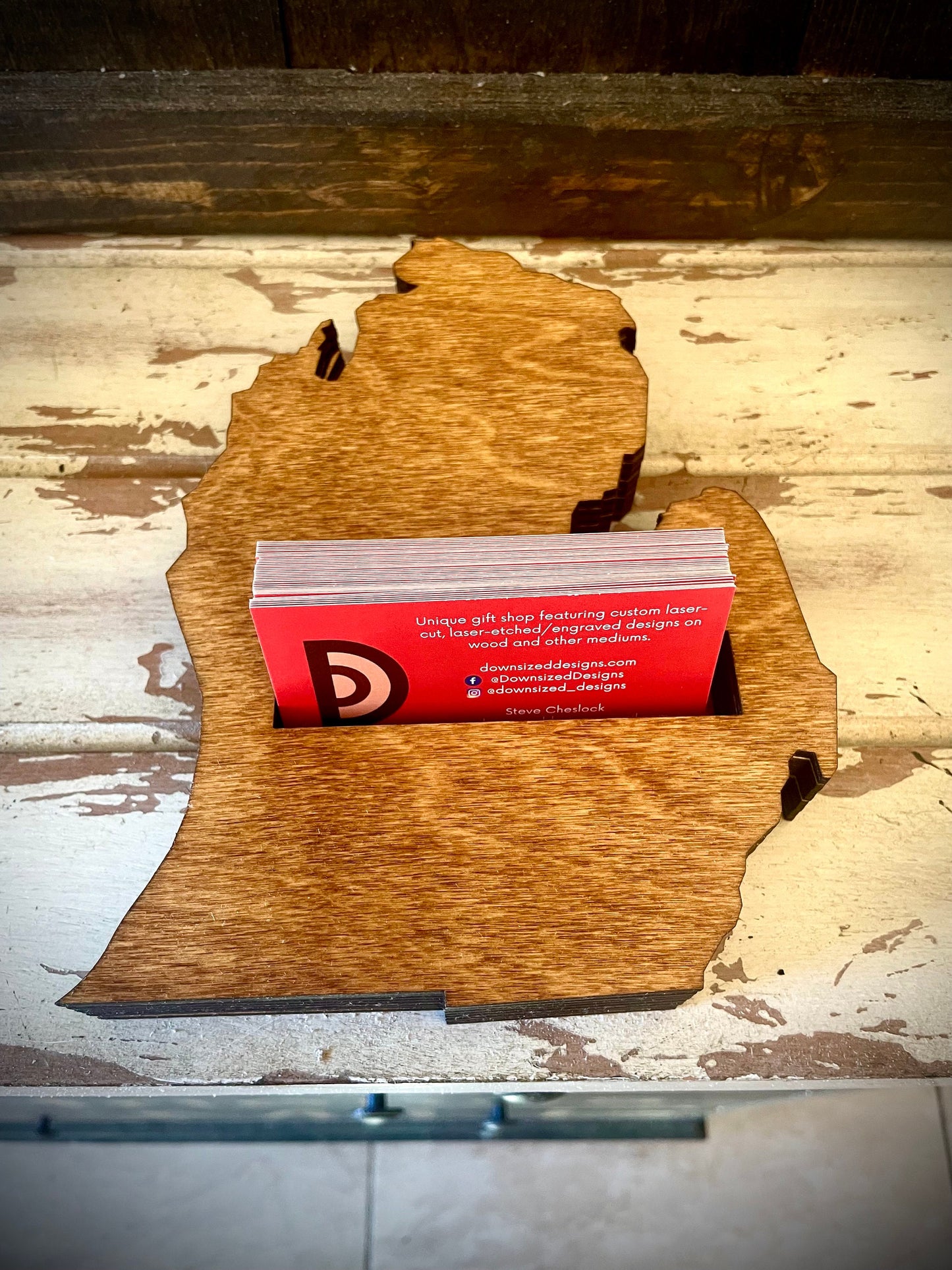 Michigan Lower Peninsula Wood Business Card Holder | 12 Finishes | Office Gift