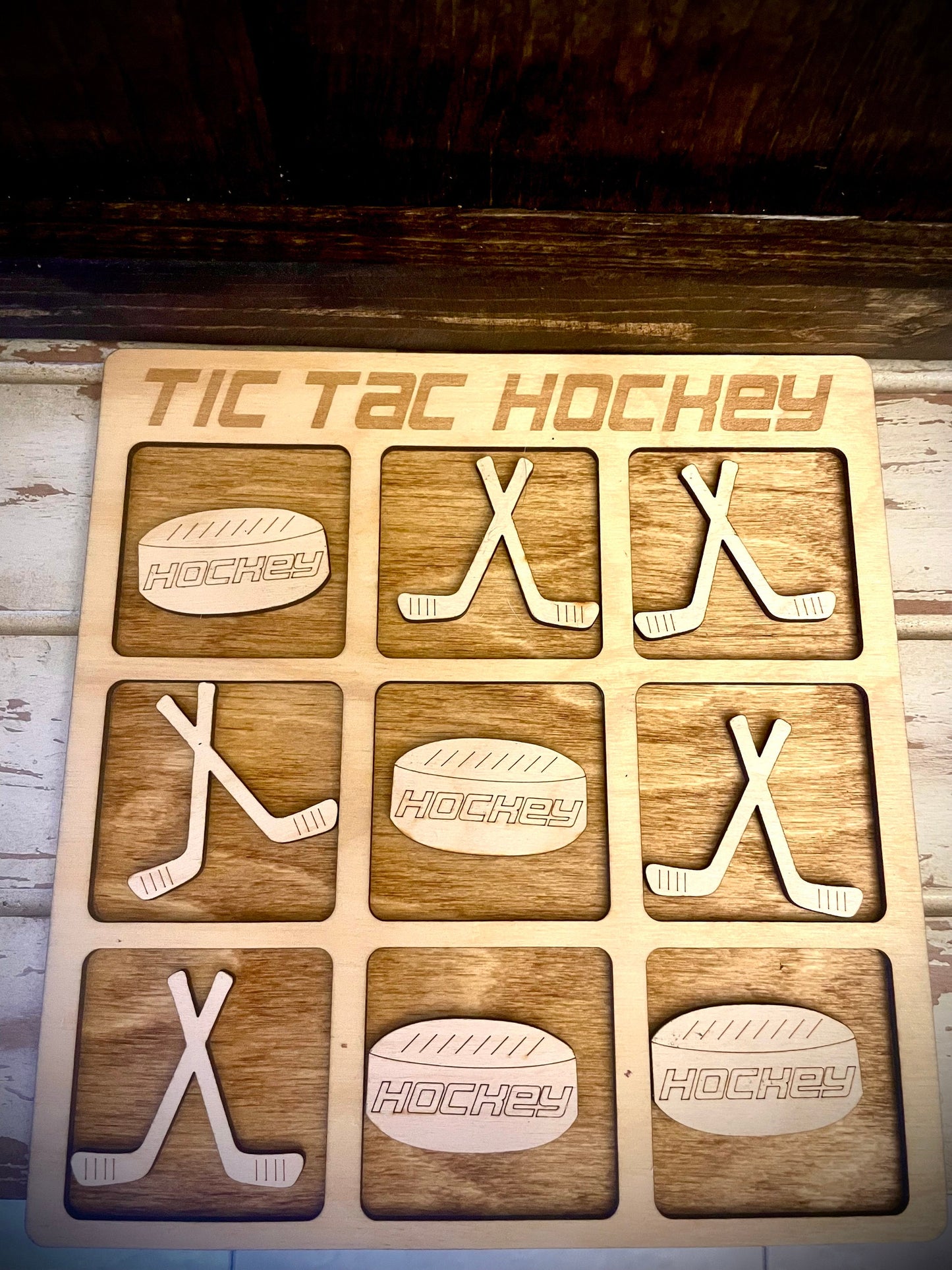 Tic Tac Hockey Wood Game | Laser Engraved | 12 Finishes | Hockey Gift