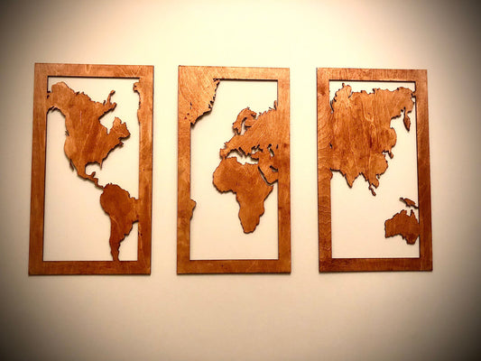 World Map Wood Wall Art | 3-Panel Set | Multiple Sizes & Finishes