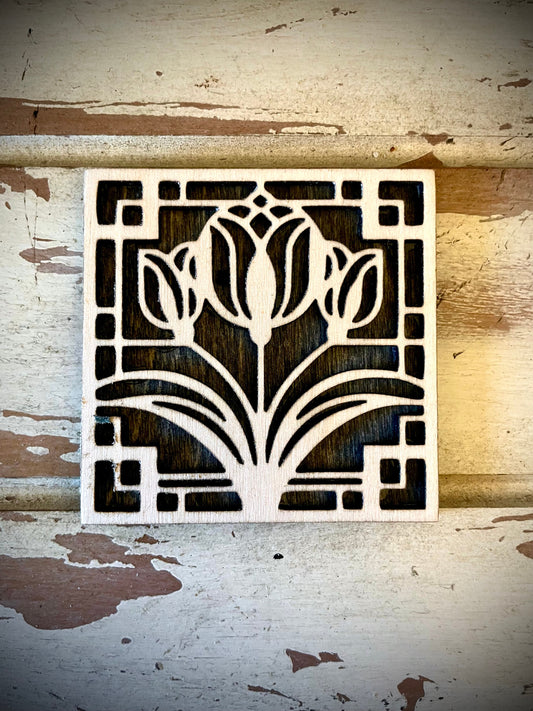 Boho Art Deco Tulip 2-Layer Square Wood Magnet | 12 Finishes | Boho Gift