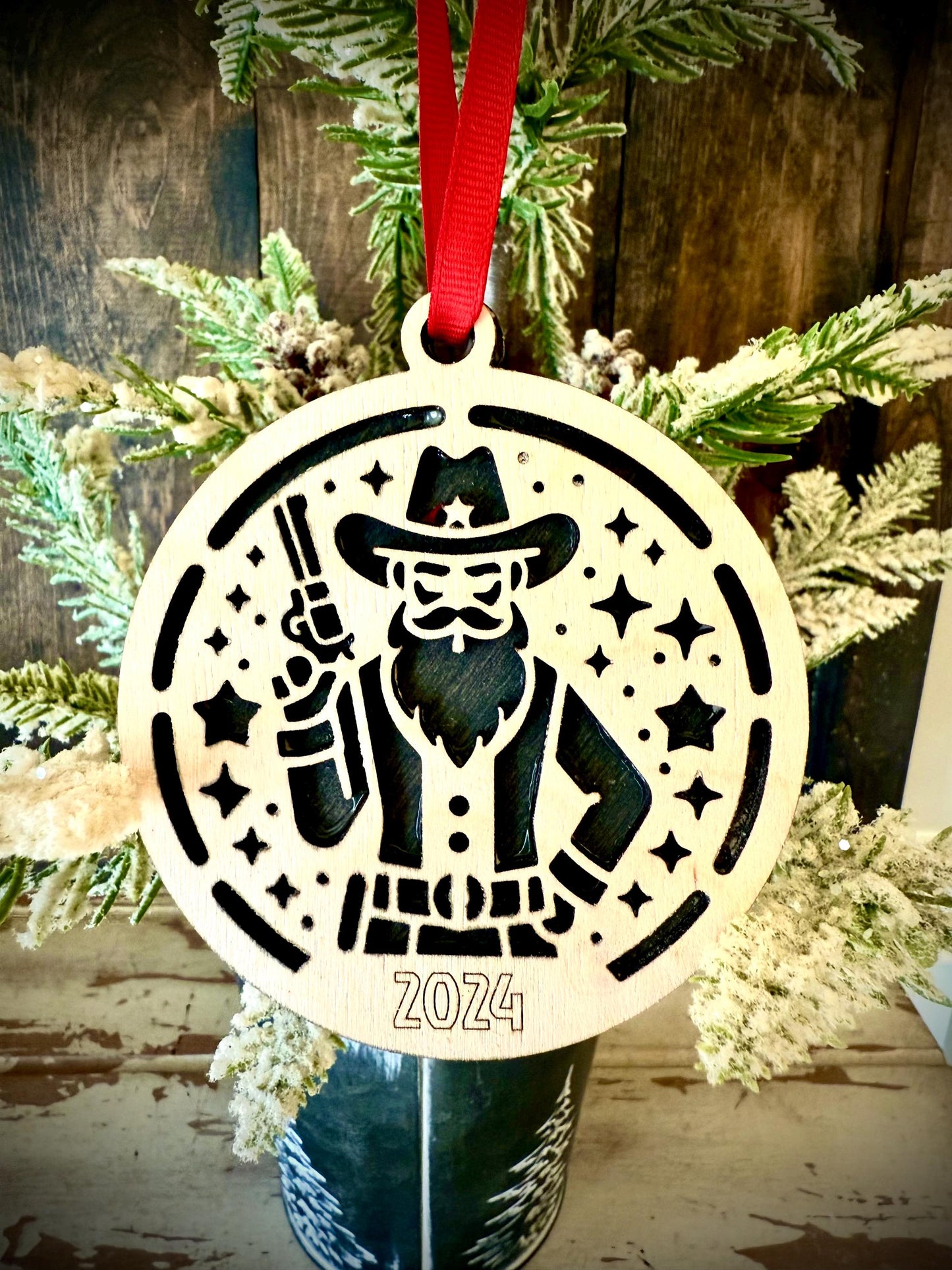 Santa Claus Cowboy Personalized 2-Layer Wood Christmas Ornament & Gift Tag | Multiple Finishes | Western Gift