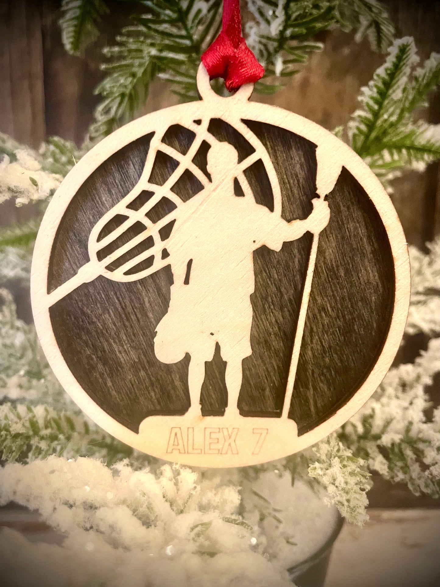 Lacrosse Player Personalized 2-Layer Wood Christmas Ornament & Gift Tag | Multiple Finishes | Lacrosse Gift (#15)