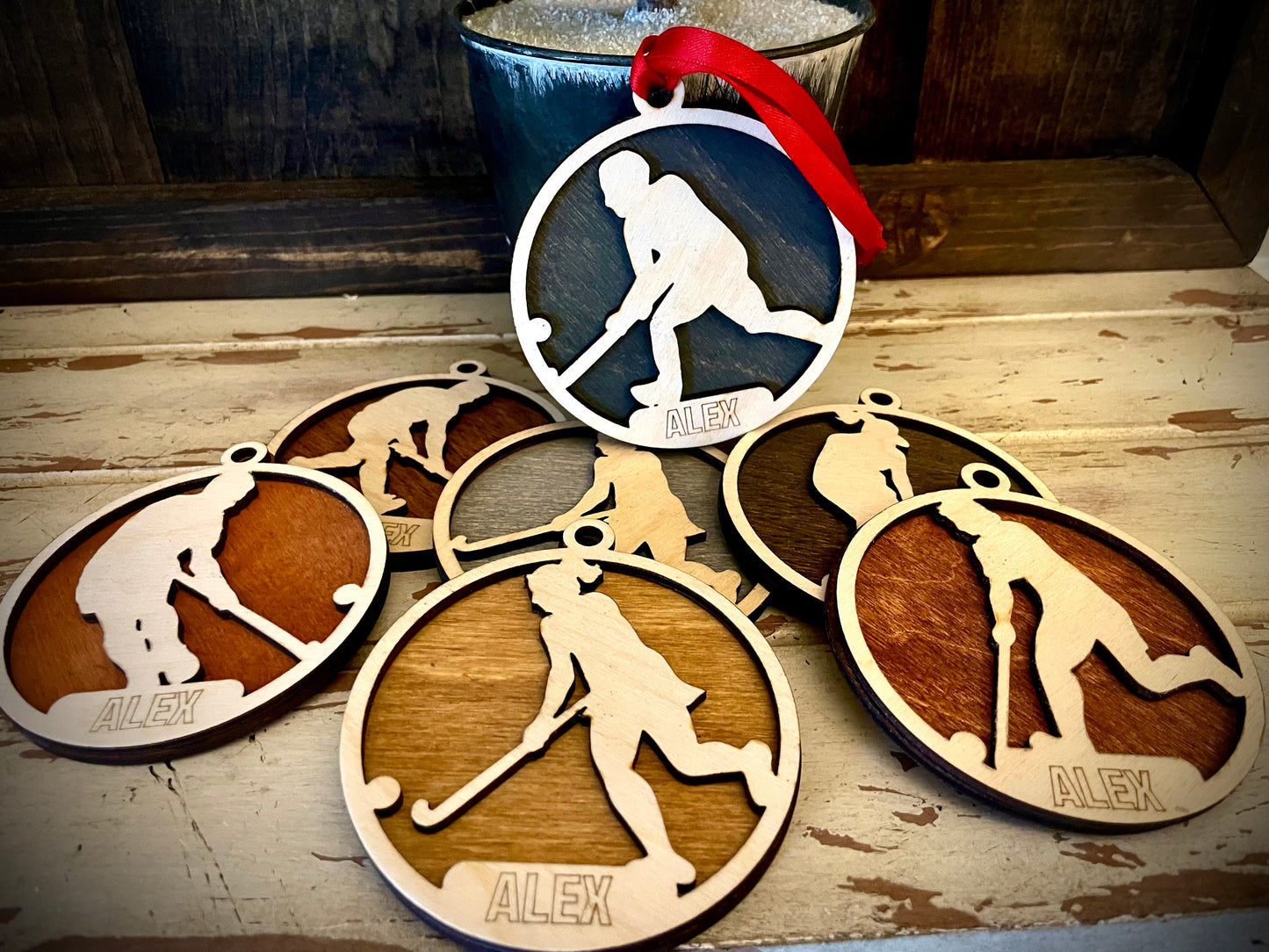 Female Field Hockey Player Personalized 2-Layer Wood Christmas Ornament & Gift Tag | Multiple Finishes | Field Hockey Gift (#1)