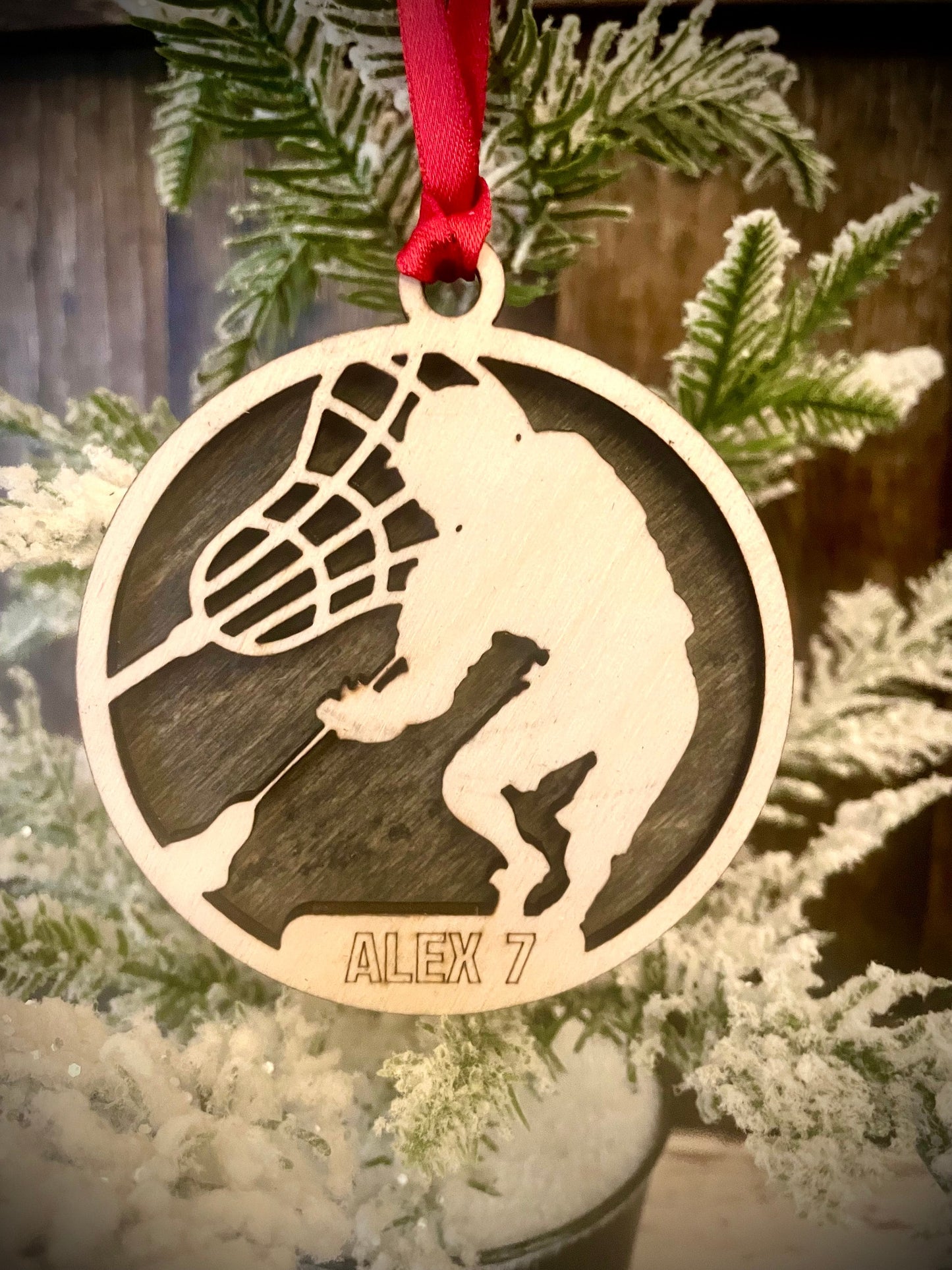 Lacrosse Player Personalized 2-Layer Wood Christmas Ornament & Gift Tag | Multiple Finishes | Lacrosse Gift (#11)