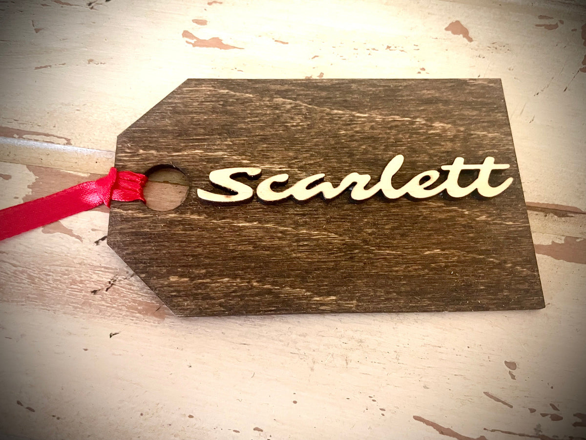 Personalized Laser Cut Wood Stocking Tag & Gift Tag Ornament | Name & Ribbon | 12 Finishes