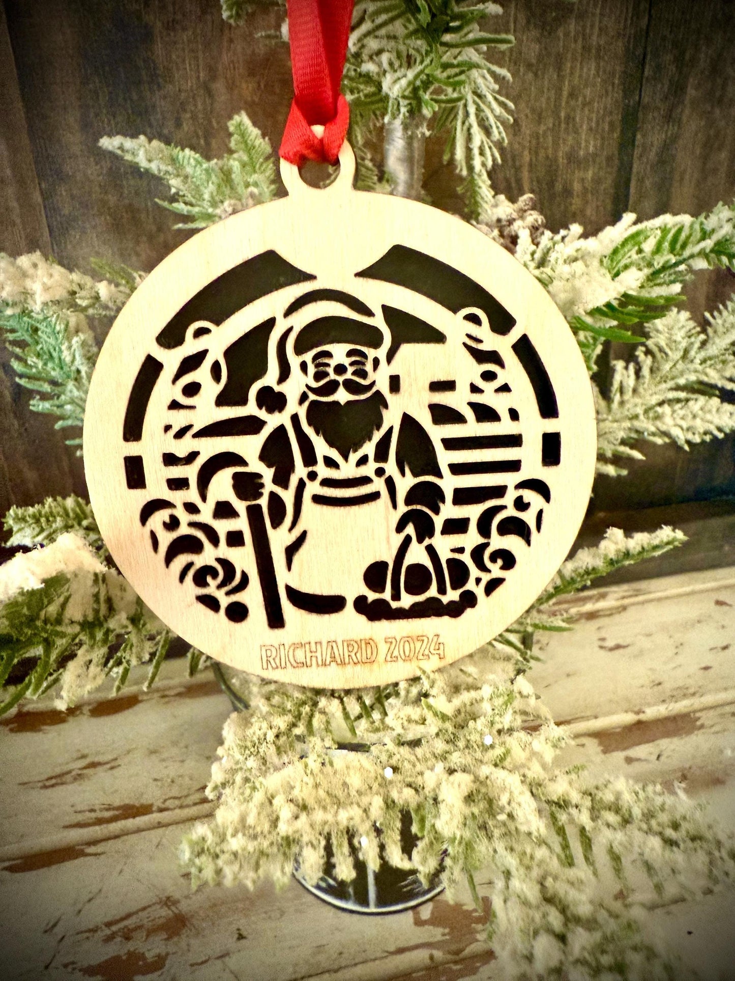 Santa Farmer in Overalls Personalized 2-Layer Wood Christmas Ornament & Gift Tag | Multiple Finishes | Farming Gift