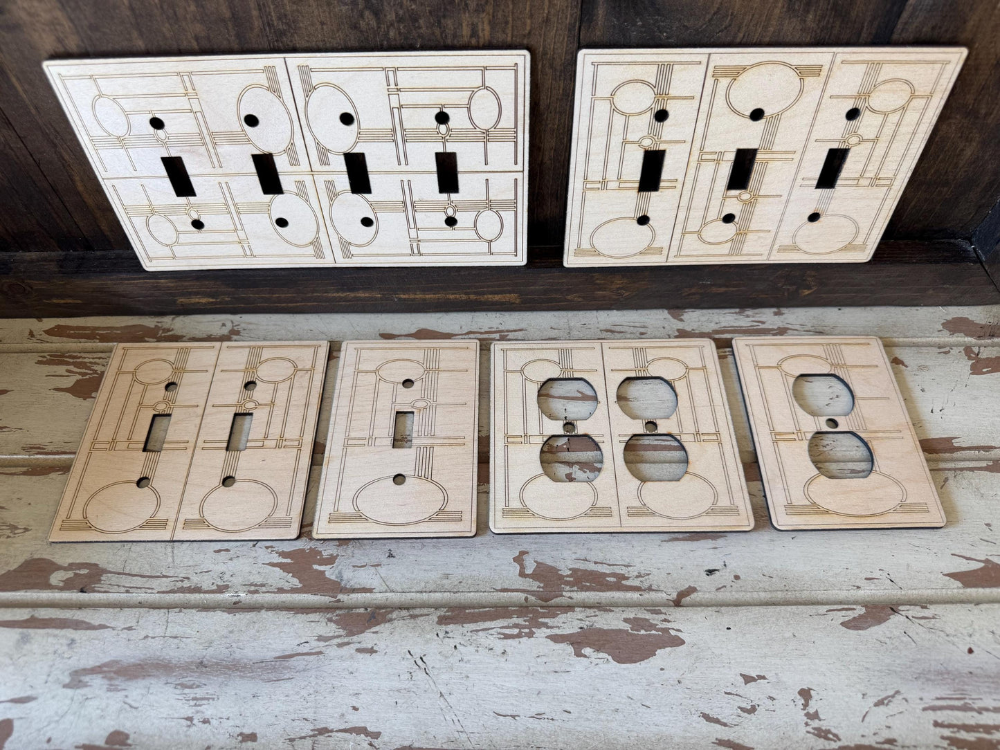 Art Deco light switch, outlet, and decora covers in multiple configurations available in 12 finishes Set E