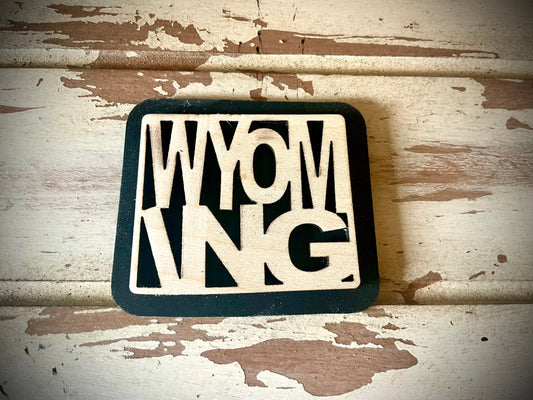 Wyoming Word Art 2-Layer Wood Refrigerator Magnet | 12 Finishes | State Pride Gift