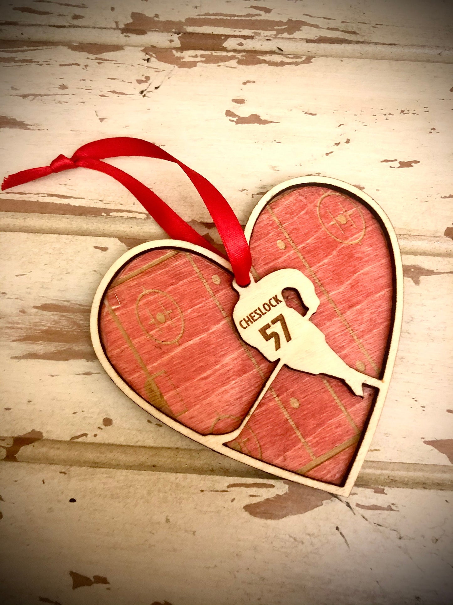 Personalized Hockey Player Valentine Heart Ornament | Engraved Rink, Name & Number