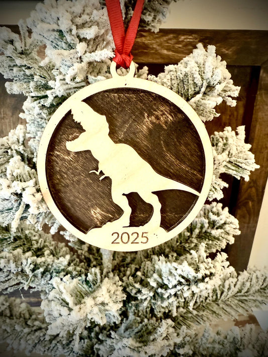Tyrannosaurus Rex T-Rex Dinosaur Personalized 2-Layer Wood Christmas Ornament & Gift Tag | Multiple Finishes | Dinosaur Gift