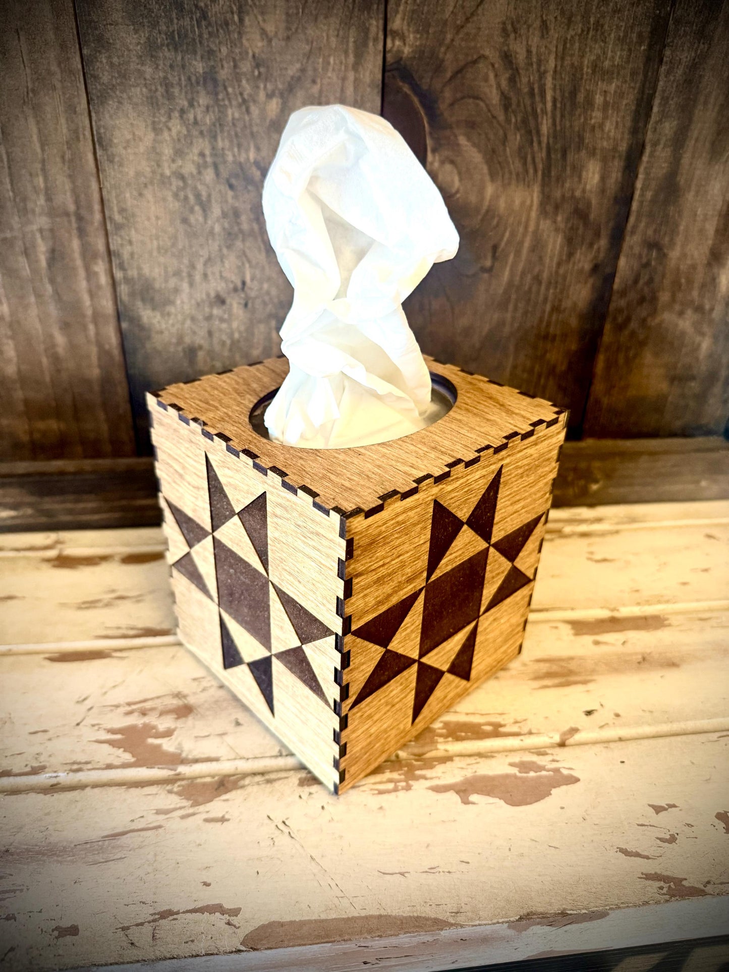 Quilt Pattern Engraved Wood Tissue Box Cover | Square, Oblong & Costco Sizes | 12 Finishes