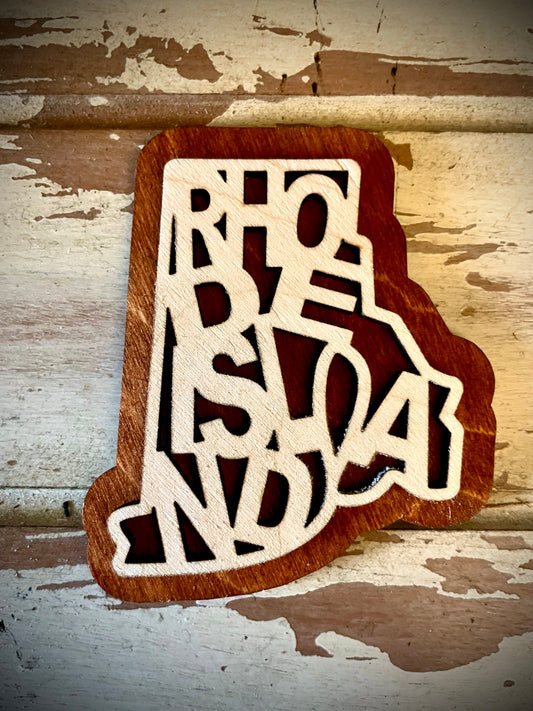 Rhode Island Word Art 2-Layer Wood Refrigerator Magnet | 12 Finishes | State Pride Gift