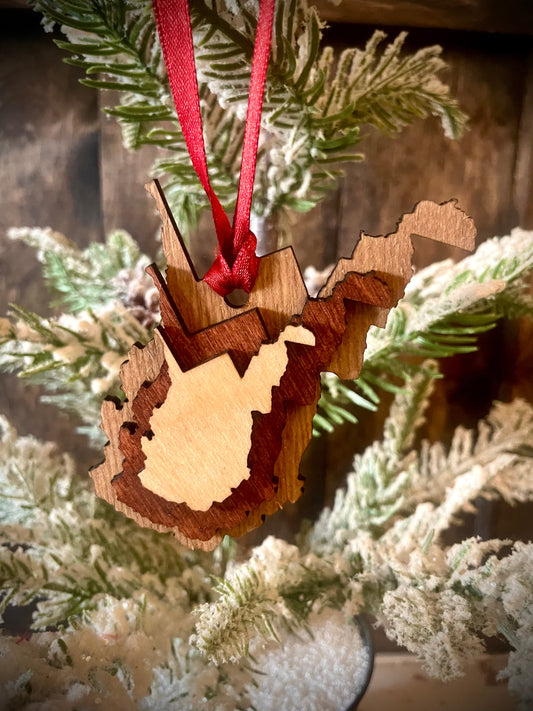 West Virginia 3-Layer Stacked Wood Ornament & Gift Tag | Brown & Gray Tones | State Pride Gift