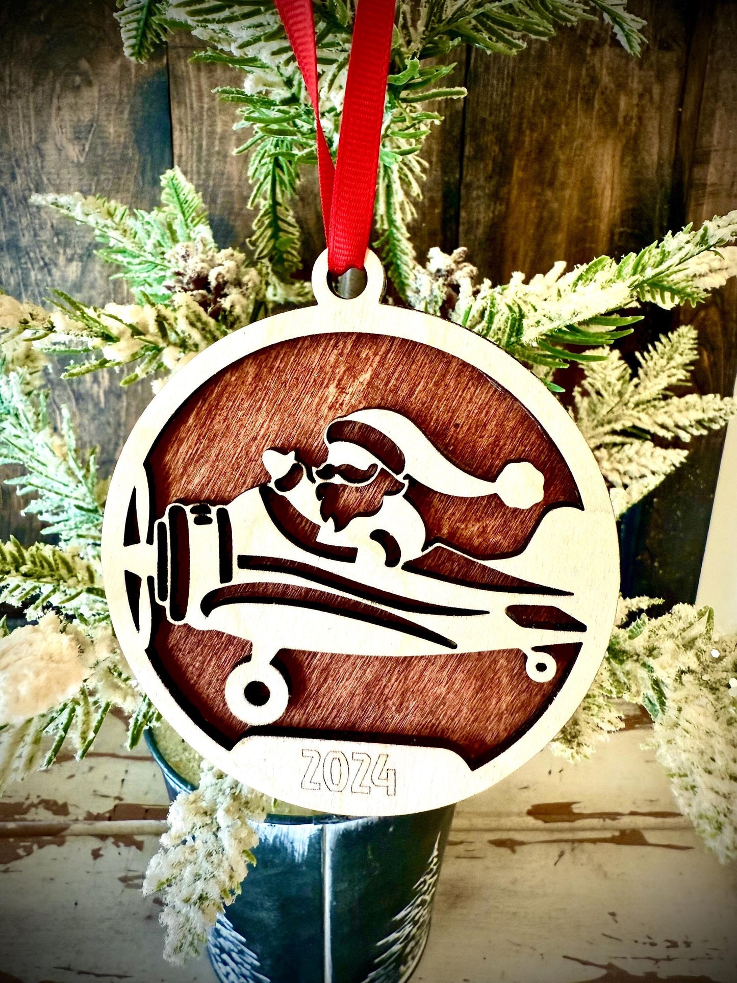 Santa Claus Flying Prop Plane Personalized 2-Layer Wood Christmas Ornament & Gift Tag | Multiple Finishes | Aviation Gift
