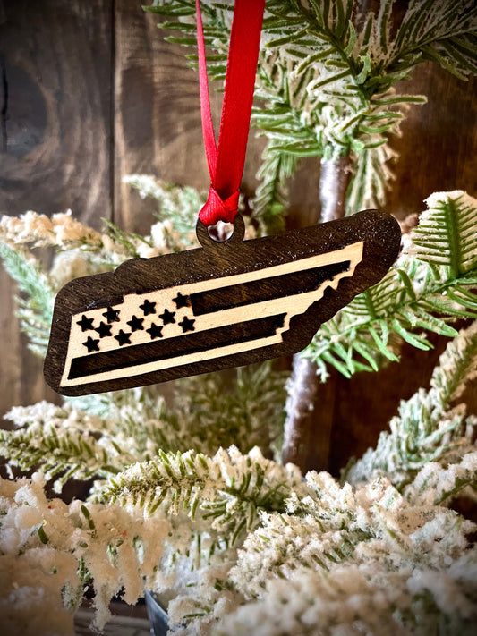 Tennessee US Flag Wood Ornament & Gift Tag | 12 Finishes | Patriotic Gift