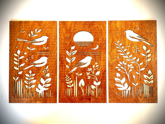 Mid Century Modern Wild Birds Landscape Wood Wall Art 3-panel set - front view
