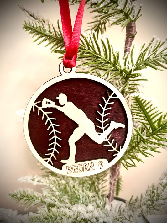 Baseball player 2-layer personalized laser cut wood Christmas ornament, gift tag available unfinished or stained (version 5 of 6)