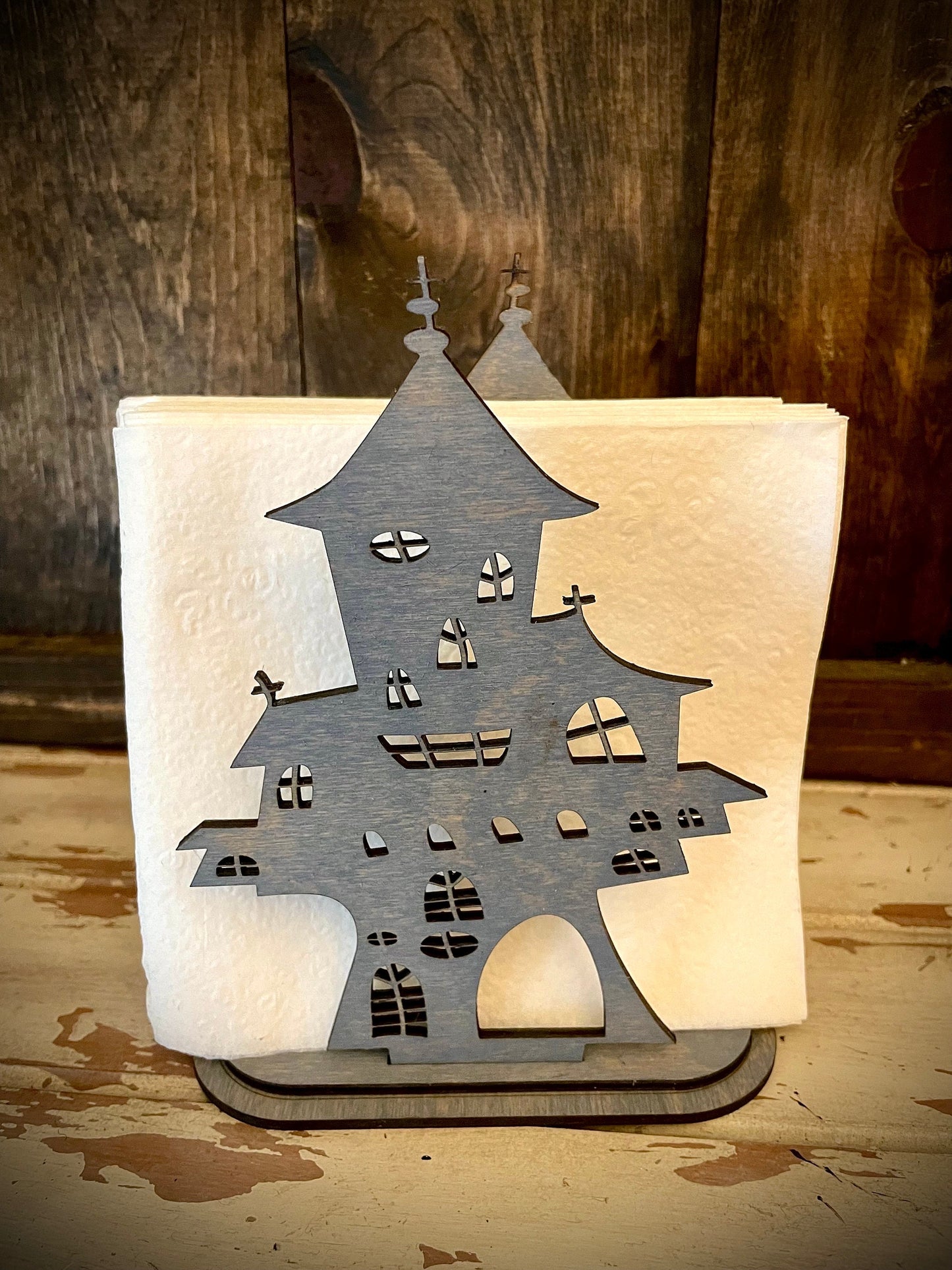Halloween Haunted House Wood Napkin Holder & Tabletop Decor | 12 Finishes