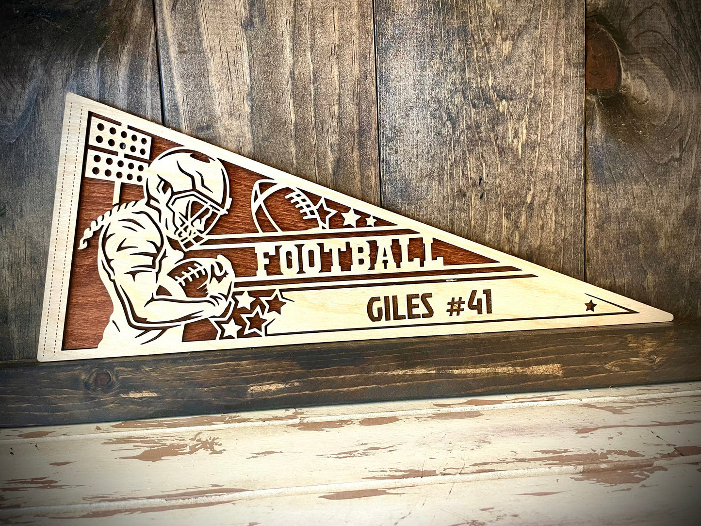 Custom Female Football Player Wood Pennant | Name & Number Engraved | 12 Finishes | Pose 2