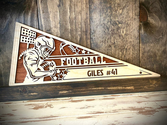 Custom Female Football Player Wood Pennant | Name & Number Engraved | 12 Finishes | Pose 2
