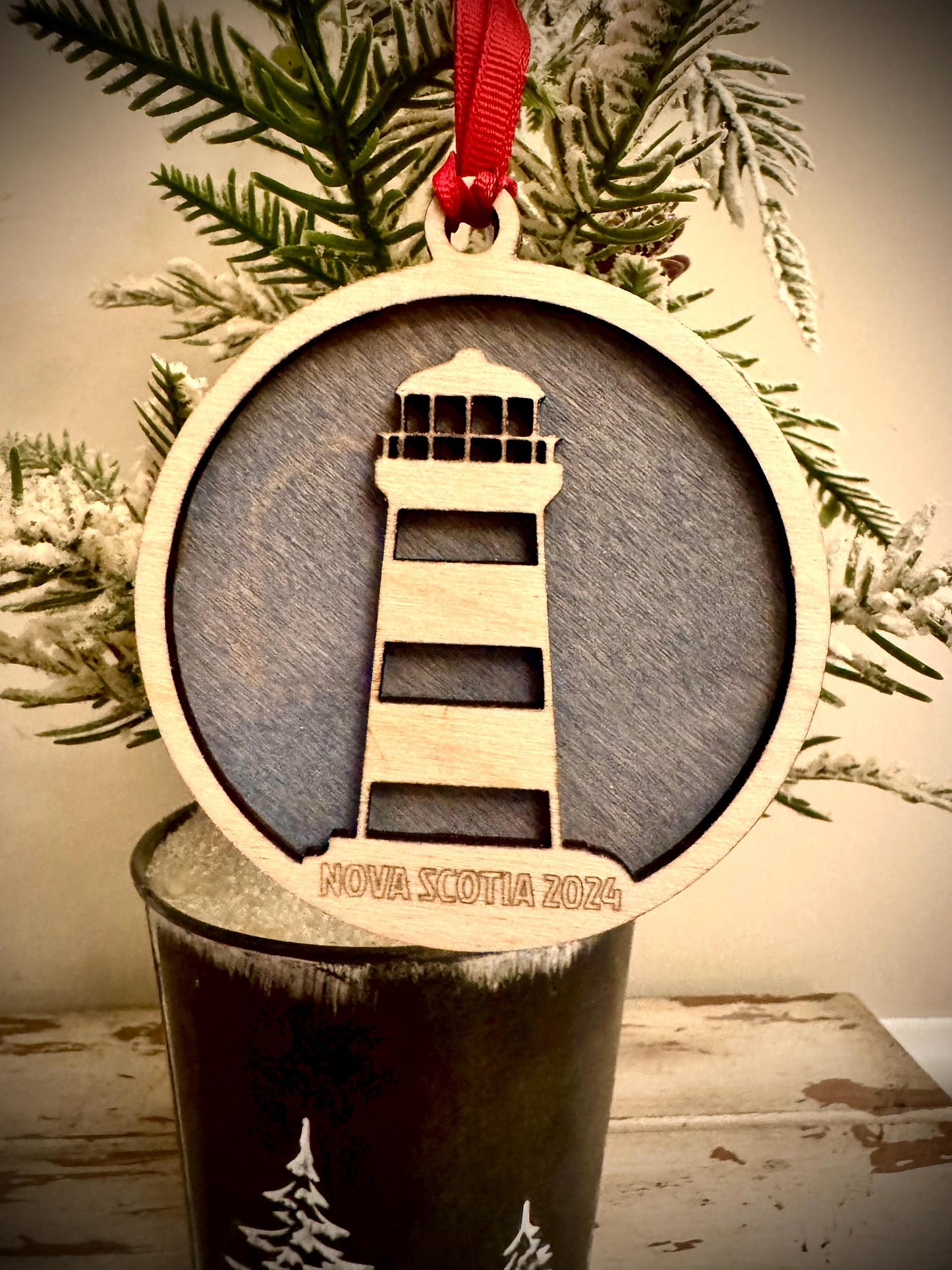 Striped Lighthouse Personalized 2-Layer Wood Christmas Ornament & Gift Tag | Multiple Finishes | Nautical Gift