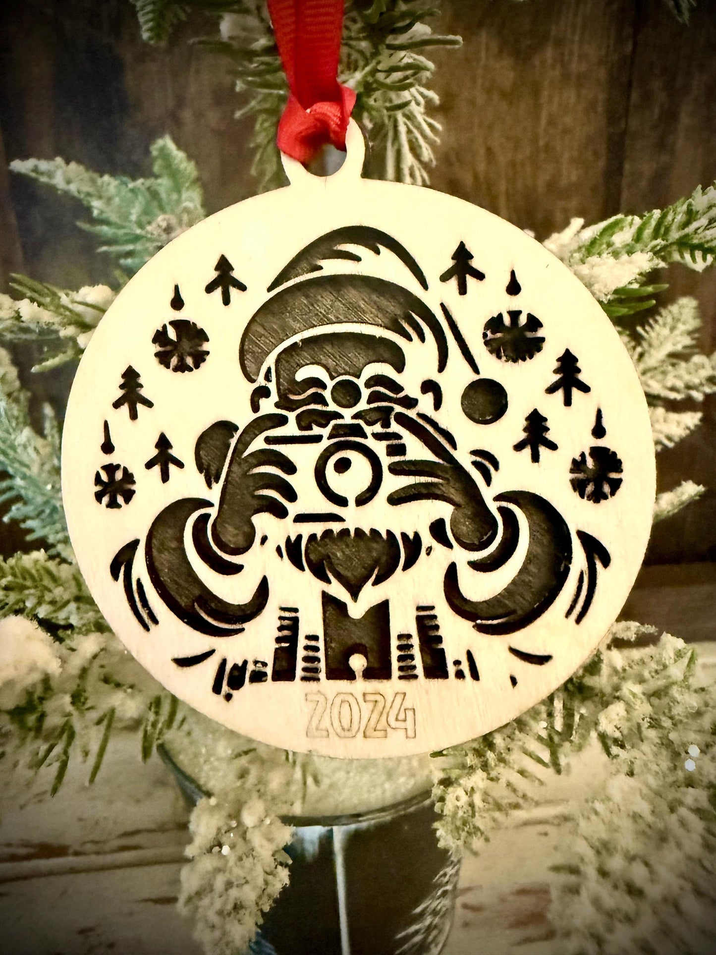 Santa Photographer with Camera Personalized 2-Layer Wood Christmas Ornament & Gift Tag | Multiple Finishes | Photography Gift