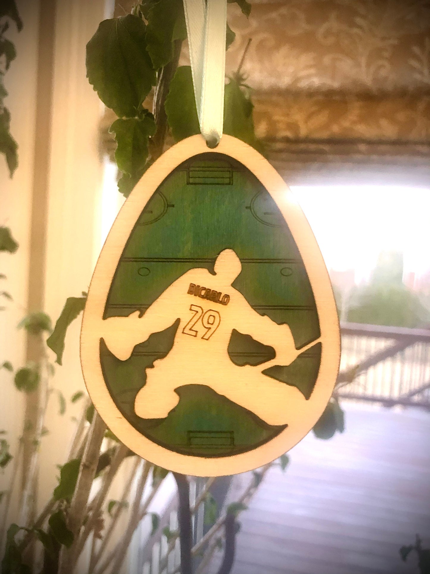 Hockey Goalie Personalized Easter Egg Wood Ornament & Basket Tag | Engraved Name & Number | Hockey Gift