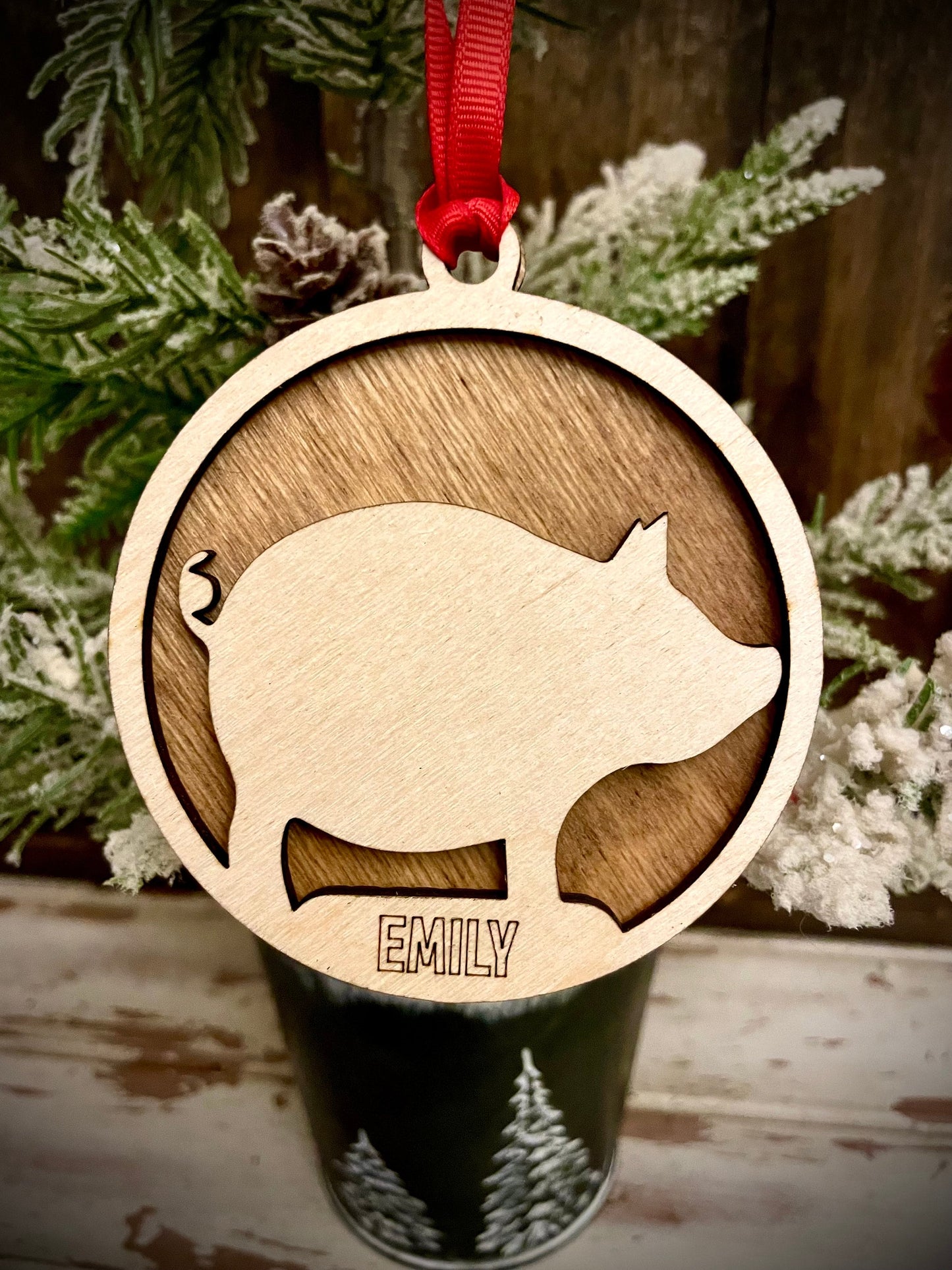 Pig Personalized 2-Layer Wood Christmas Ornament & Gift Tag | Multiple Finishes | Farm Animal Gift
