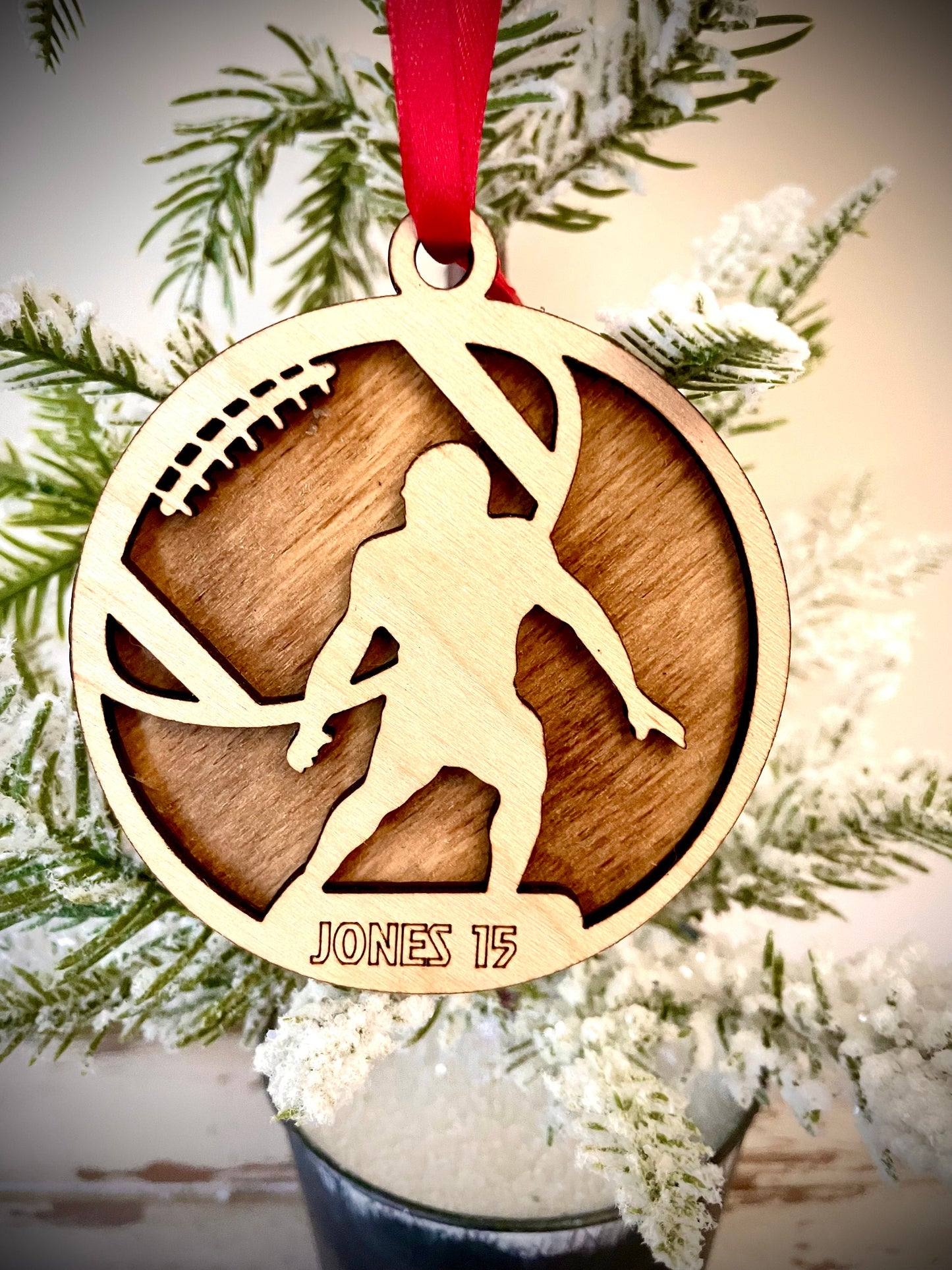 Football Player Personalized 2-Layer Wood Christmas Ornament & Gift Tag | Multiple Finishes | Football Gift (#15)