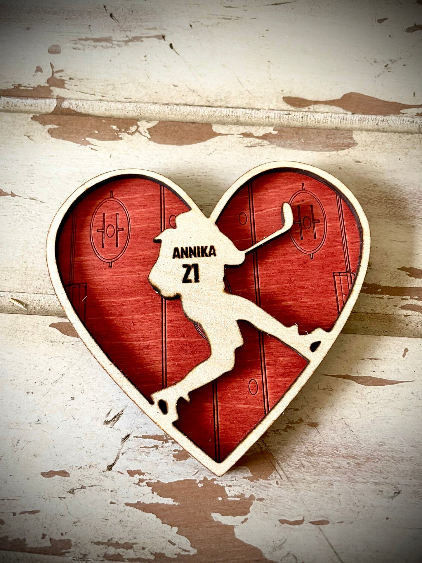 Personalized Female Hockey Player Valentine Heart Magnet | Engraved Rink, Name & Number