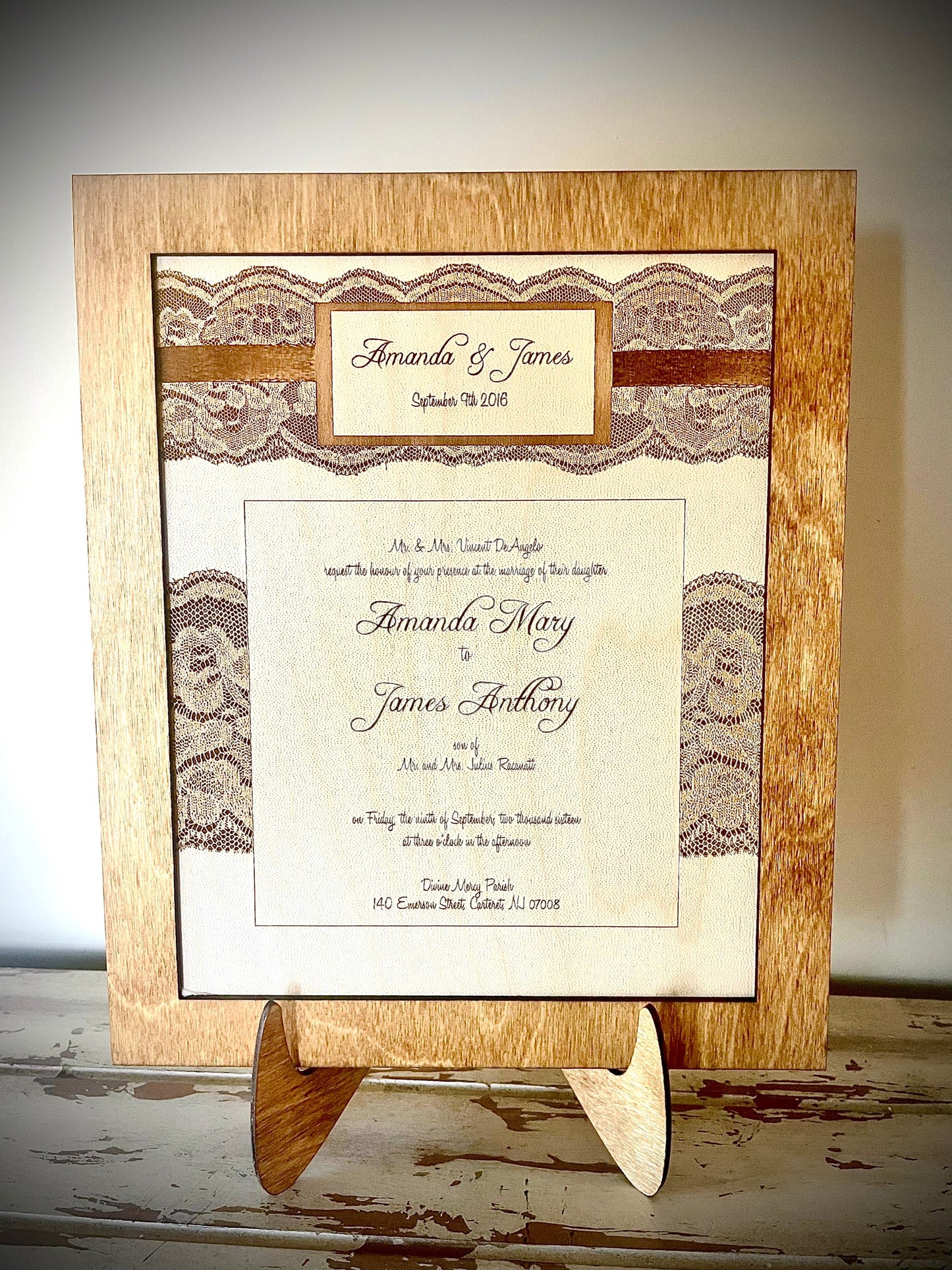 Custom Engraved Wood Wedding Invitation Keepsake | 8x10 Frame & Easel | 5th Anniversary Gift