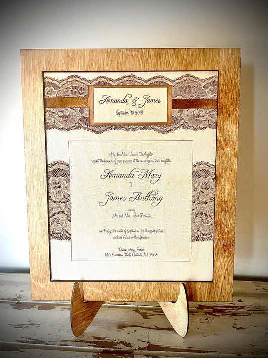 Custom Engraved Wood Wedding Invitation Keepsake | 8x10 Frame & Easel | 5th Anniversary Gift