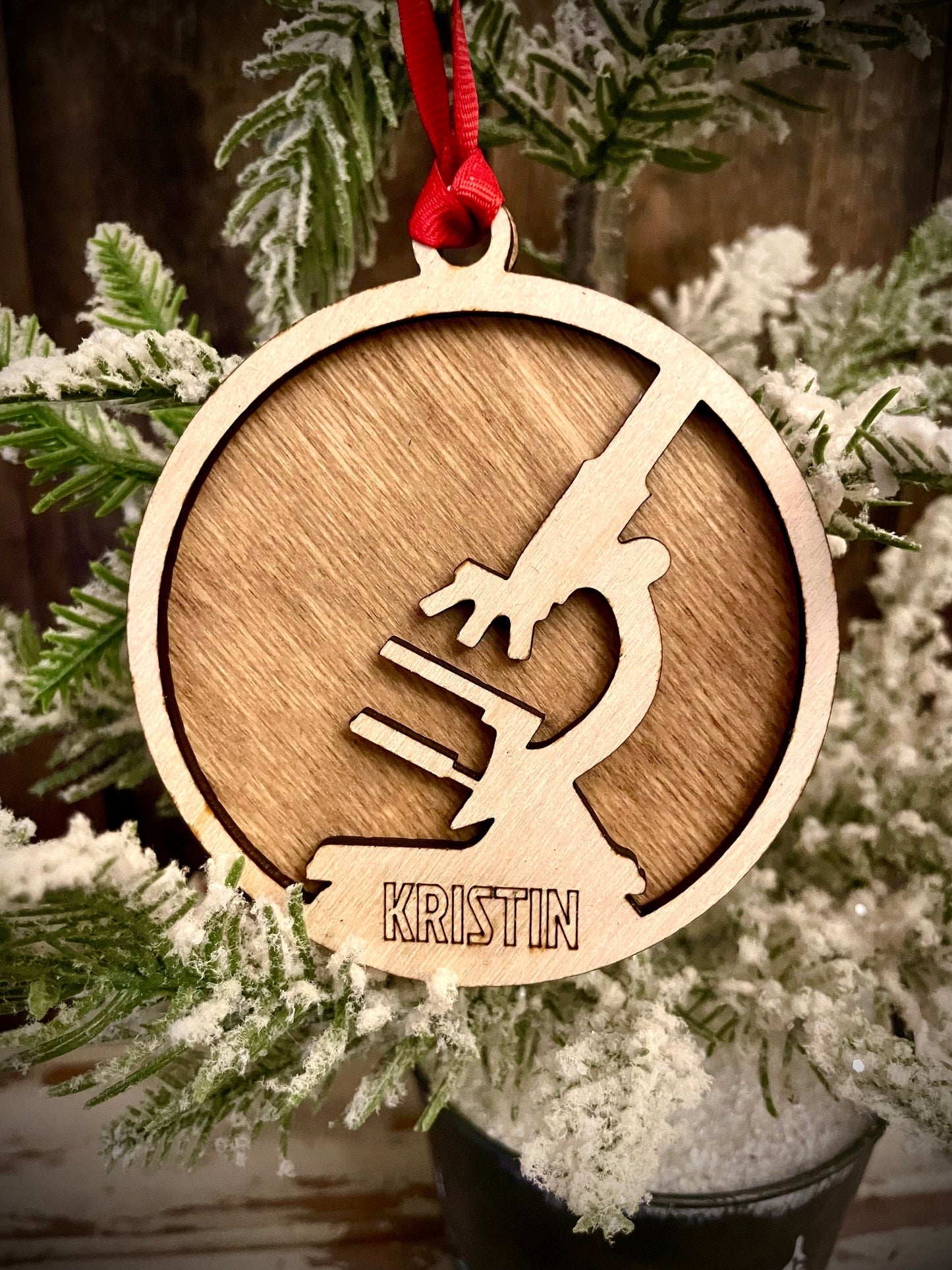 Lab Technician Scientist Microscope Personalized 2-Layer Wood Christmas Ornament & Gift Tag | Multiple Finishes | Science Gift