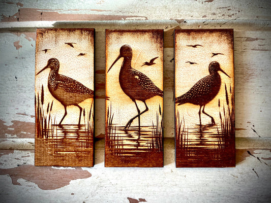 Shore Birds Engraved Wood Triptych Magnet Set | 3-Panel Set | Coastal Decor Gift