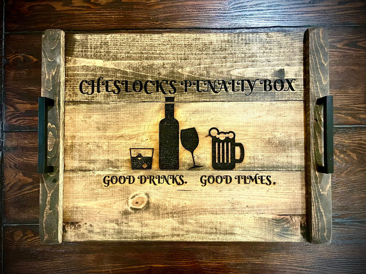 Custom Rustic Distressed Shiplap Whiskey, Bourbon & Bar Tray | Raised Edges, Handles & Optional Engraving