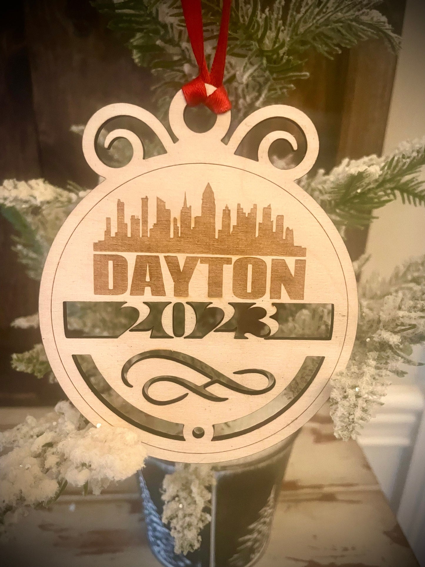 Dayton Skyline Wood Ornament | Choice of Year | 4" x 4.75" | Travel Souvenir Gift