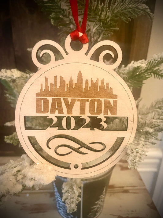 Dayton Skyline Wood Ornament | Choice of Year | 4" x 4.75" | Travel Souvenir Gift
