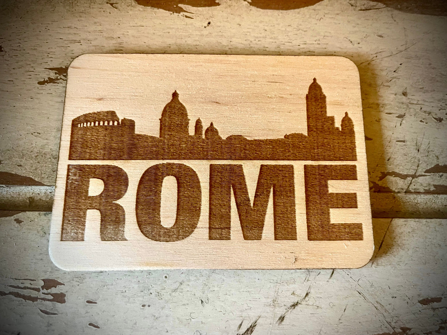 Rome Skyline Wood Magnet | City Souvenir | 3.5" x 2.5"