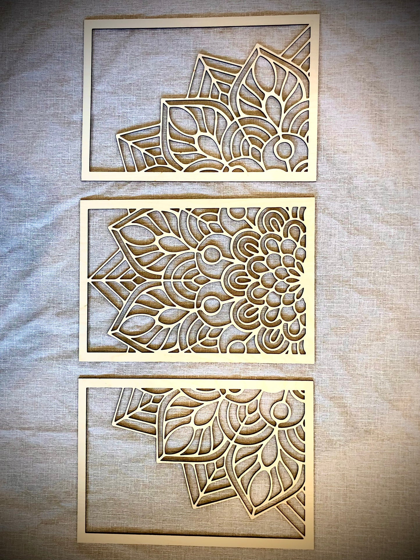 Half Round Flower Mandala Wood Wall Art | 3-Panel Set | Multiple Sizes & Finishes