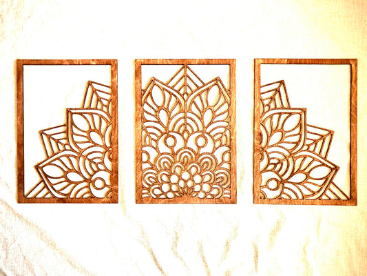 Half Round Flower Mandala Wood Wall Art | 3-Panel Set | Multiple Sizes & Finishes