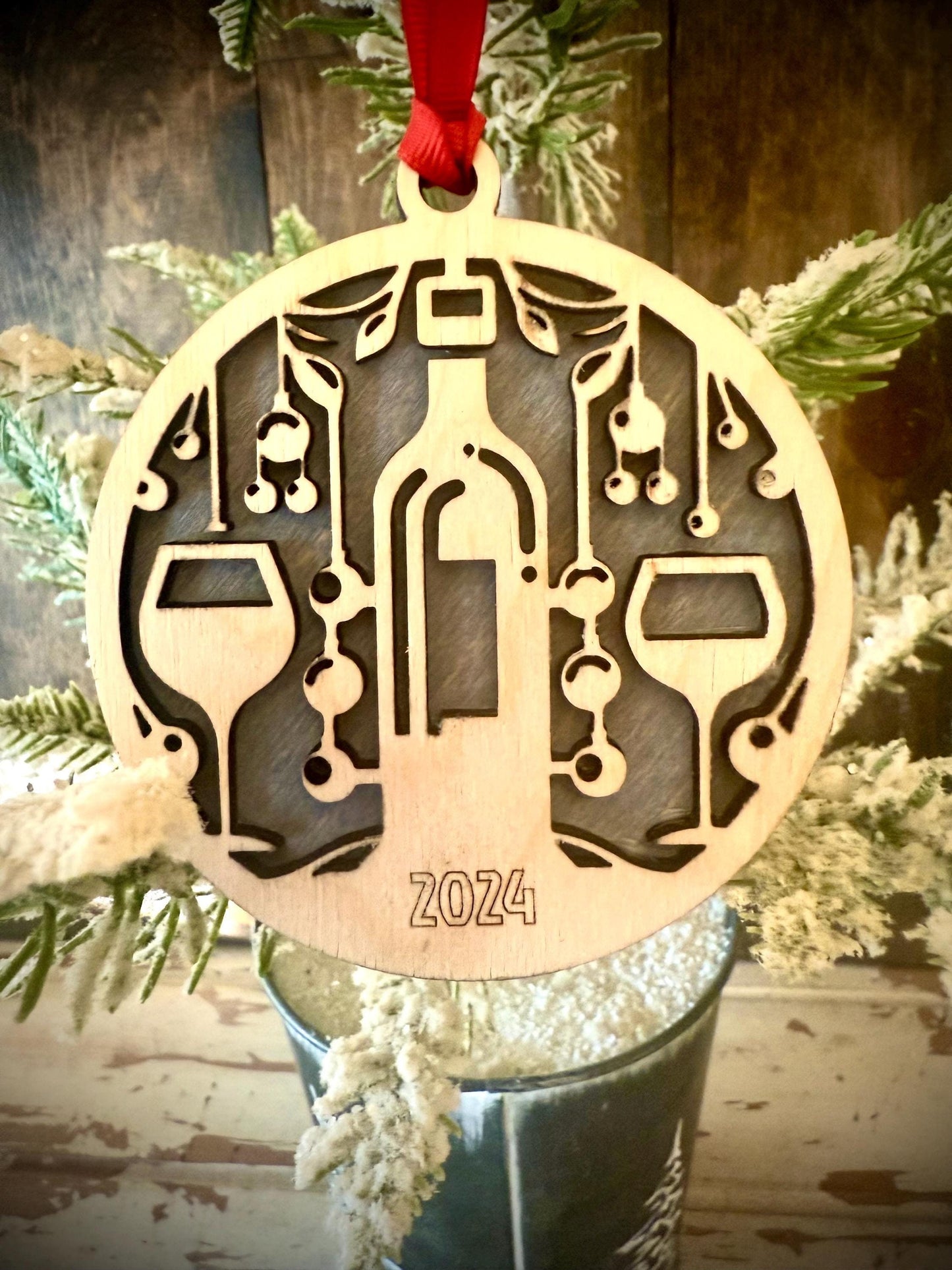 Wine Bottle & Glasses Personalized 2-Layer Wood Christmas Ornament & Gift Tag | Multiple Finishes | Wine Lover Gift