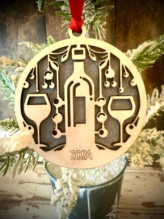 Wine Bottle & Glasses Personalized 2-Layer Wood Christmas Ornament & Gift Tag | Multiple Finishes | Wine Lover Gift