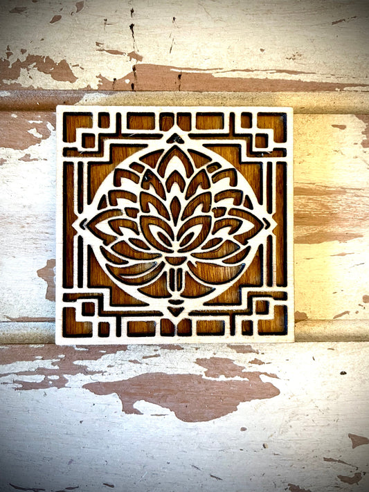 Boho Art Deco Lotus Flower 2-Layer Square Wood Magnet | 12 Finishes | Boho Gift